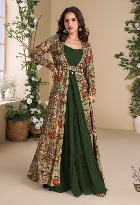 Designer Green Georgette Anarkali Gown with Multicolor Long Shrug